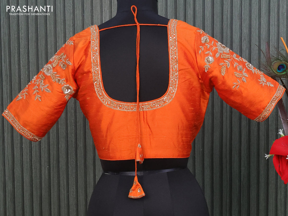 Raw silk readymade blouse orange with allover zardosi work and back knot