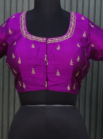 Raw silk readymade blouse purple with allover zardosi work and back knot