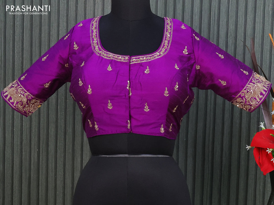 Raw silk readymade blouse purple with allover zardosi work and back knot