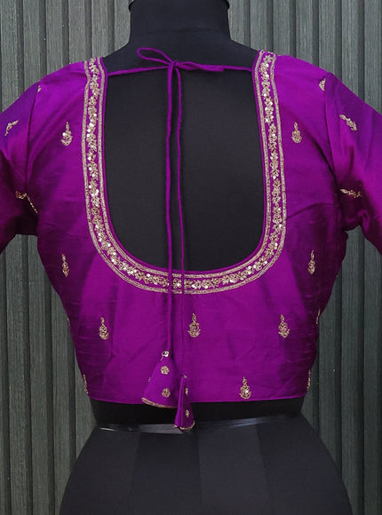 Raw silk readymade blouse purple with allover zardosi work and back knot