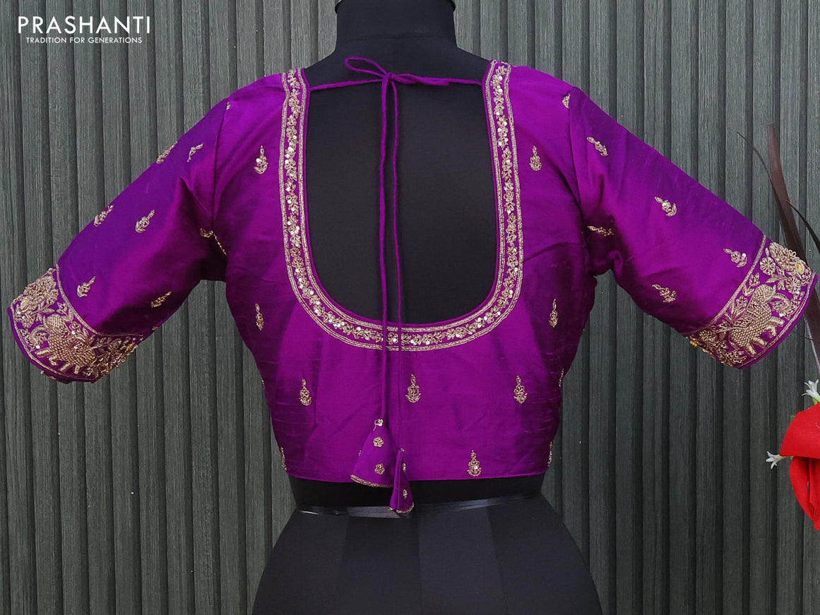 Raw silk readymade blouse purple with allover zardosi work and back knot