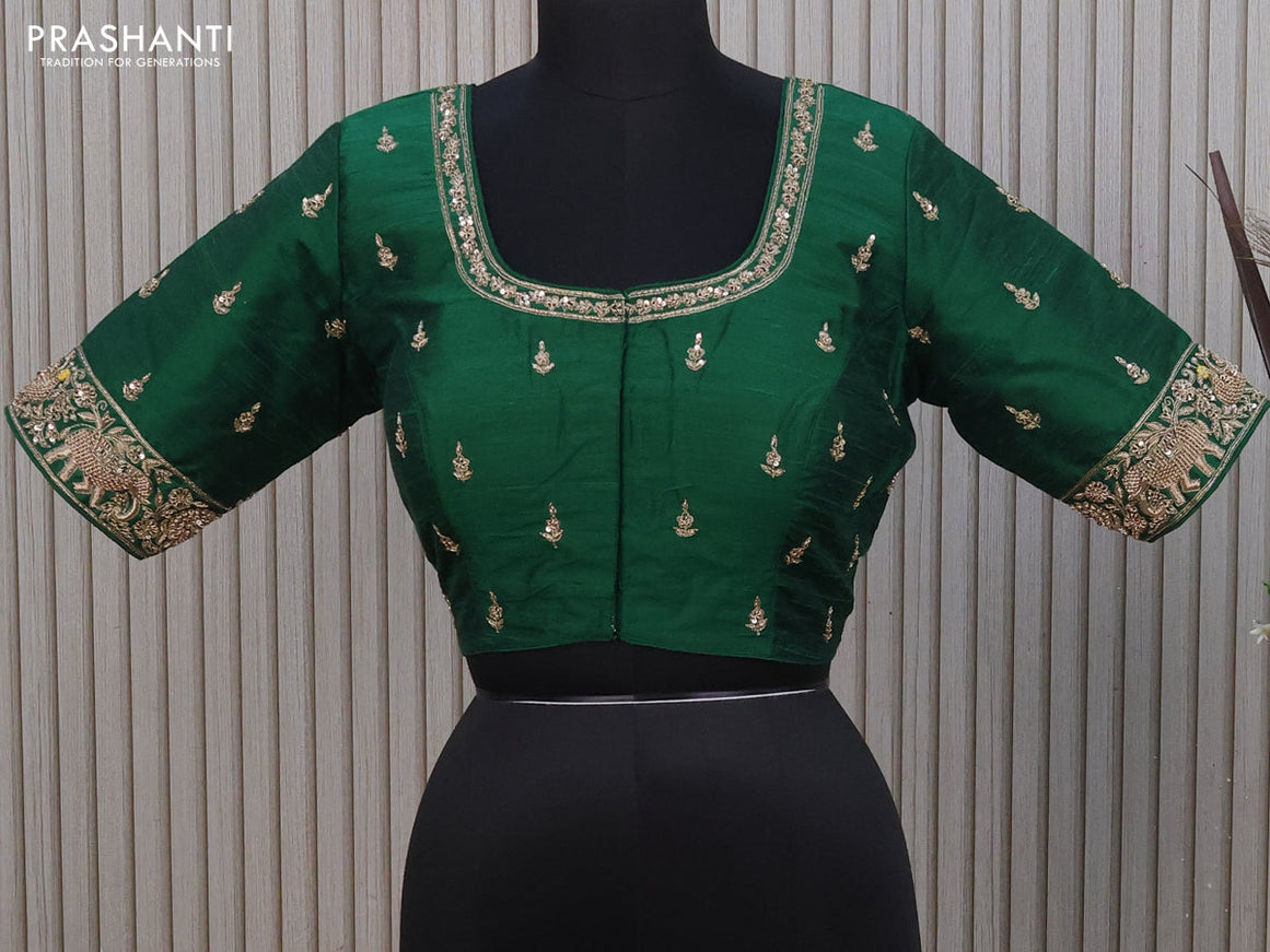 Raw silk readymade blouse green with allover zardosi work and back knot