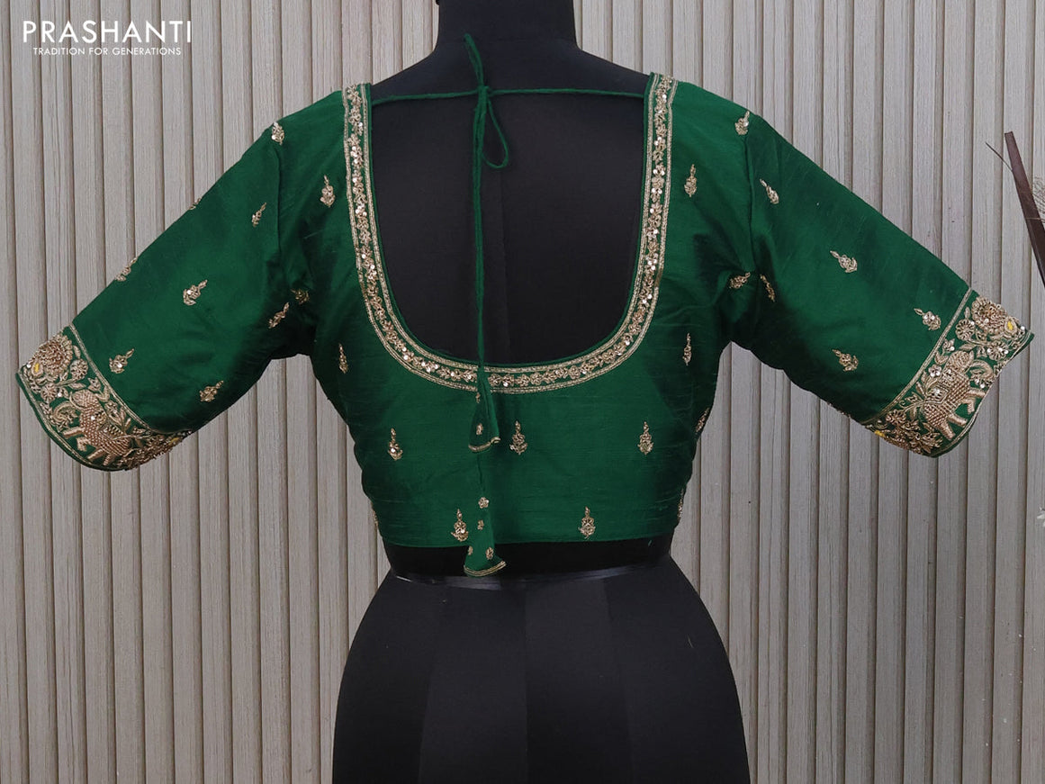 Raw silk readymade blouse green with allover zardosi work and back knot