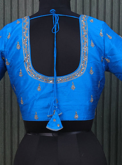 Raw silk readymade blouse cs blue with allover zardosi work and back knot