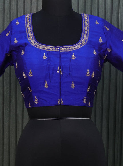 Raw silk readymade blouse royal blue with allover zardosi work and back knot