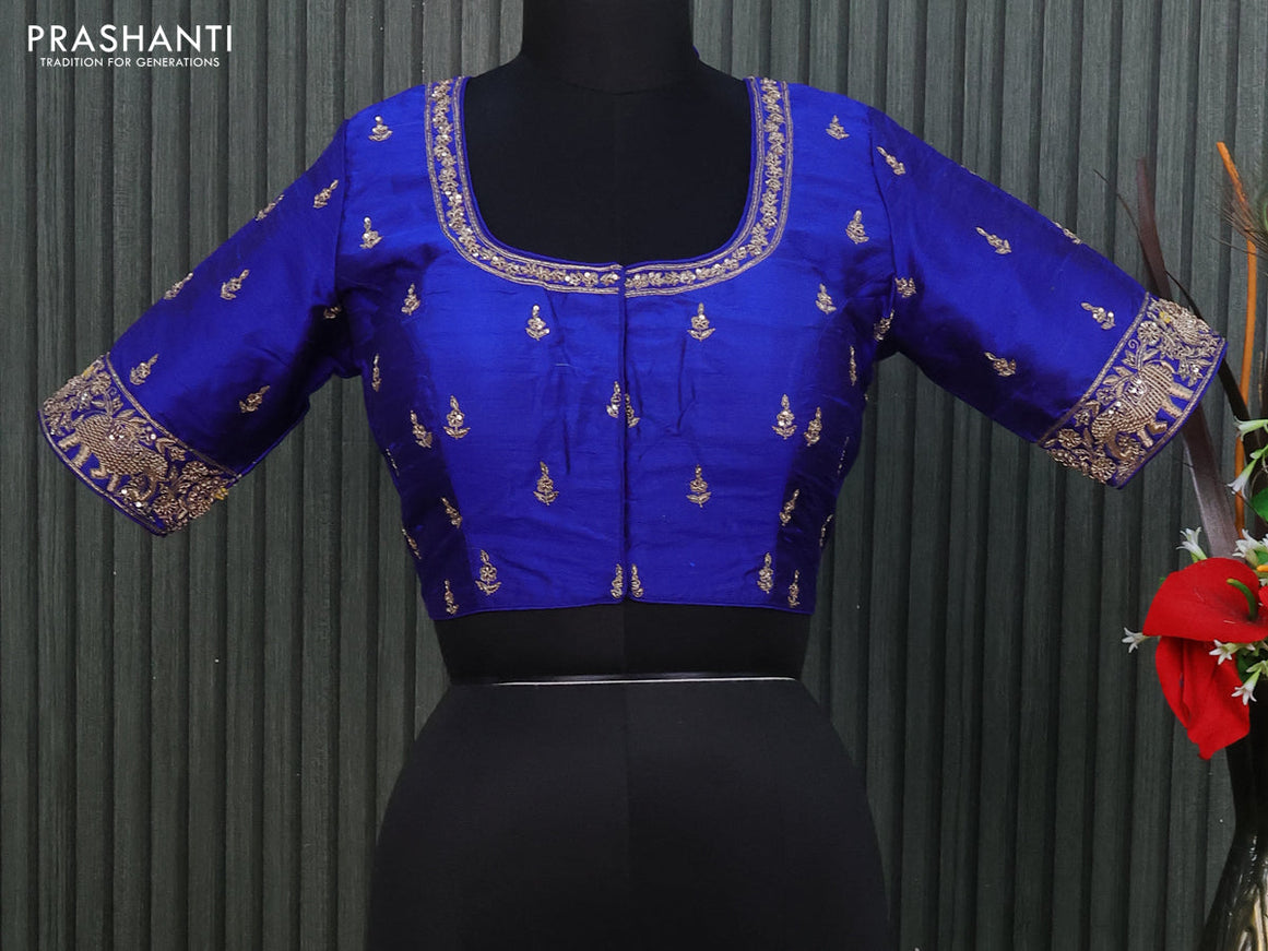 Raw silk readymade blouse royal blue with allover zardosi work and back knot