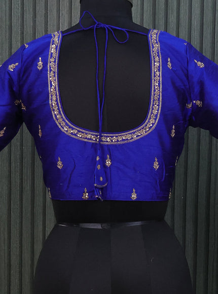 Raw silk readymade blouse royal blue with allover zardosi work and back knot