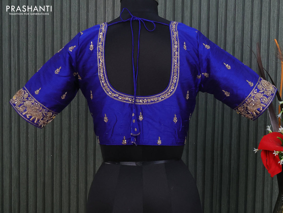 Raw silk readymade blouse royal blue with allover zardosi work and back knot