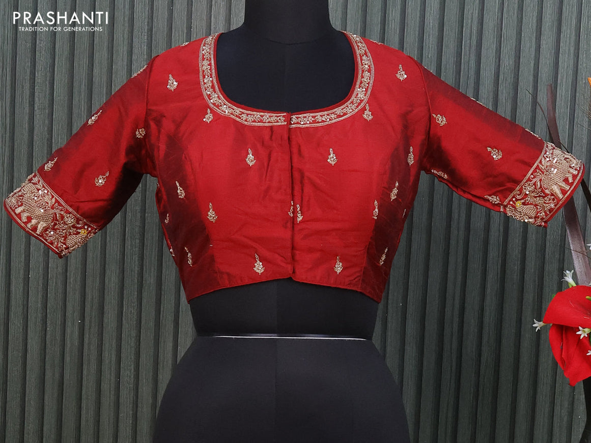 Raw silk readymade blouse maroon with allover zardosi work and back knot