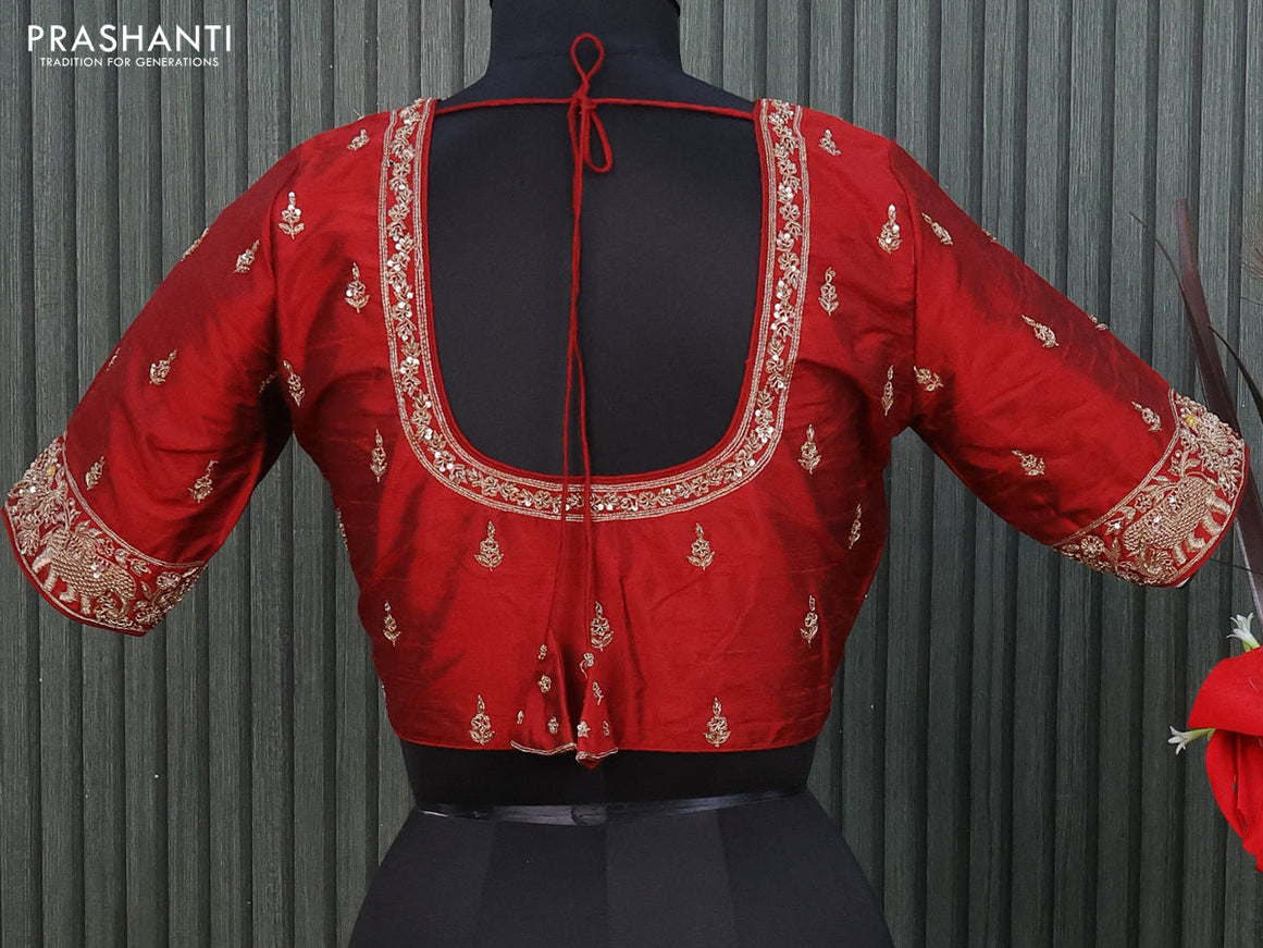 Raw silk readymade blouse maroon with allover zardosi work and back knot