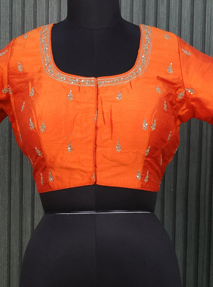 Raw silk readymade blouse orange with allover zardosi work and back knot