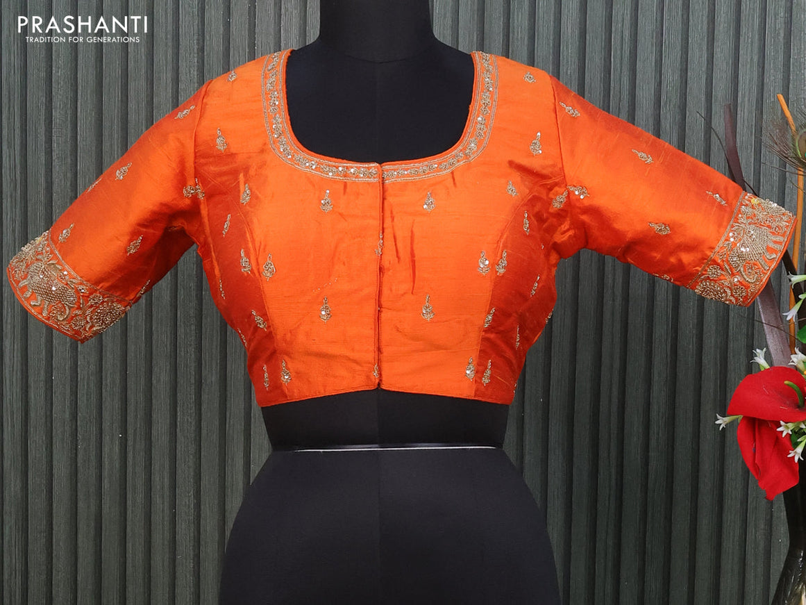 Raw silk readymade blouse orange with allover zardosi work and back knot