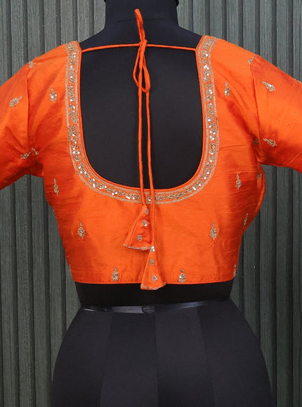 Raw silk readymade blouse orange with allover zardosi work and back knot