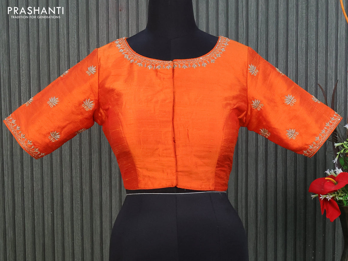 Raw silk readymade blouse orange with allover zardosi work