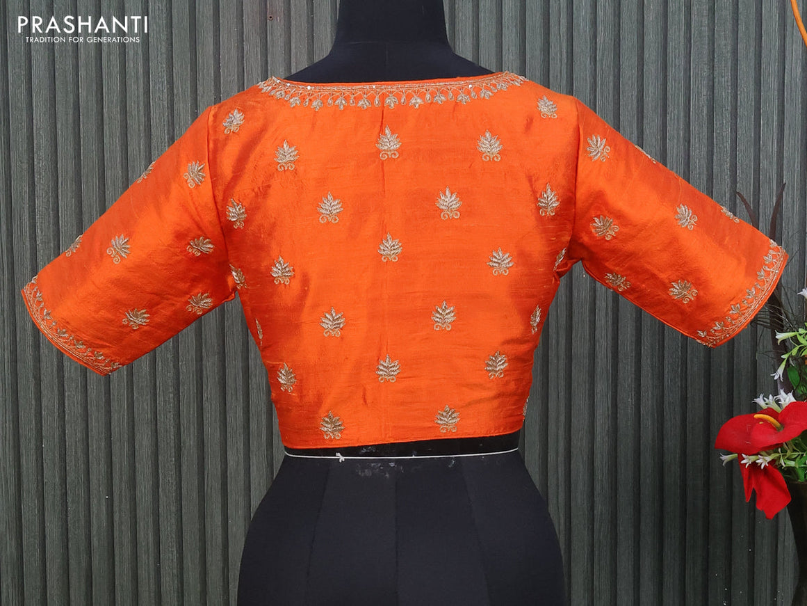 Raw silk readymade blouse orange with allover zardosi work