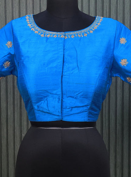 Raw silk readymade blouse cs blue with allover zardosi work