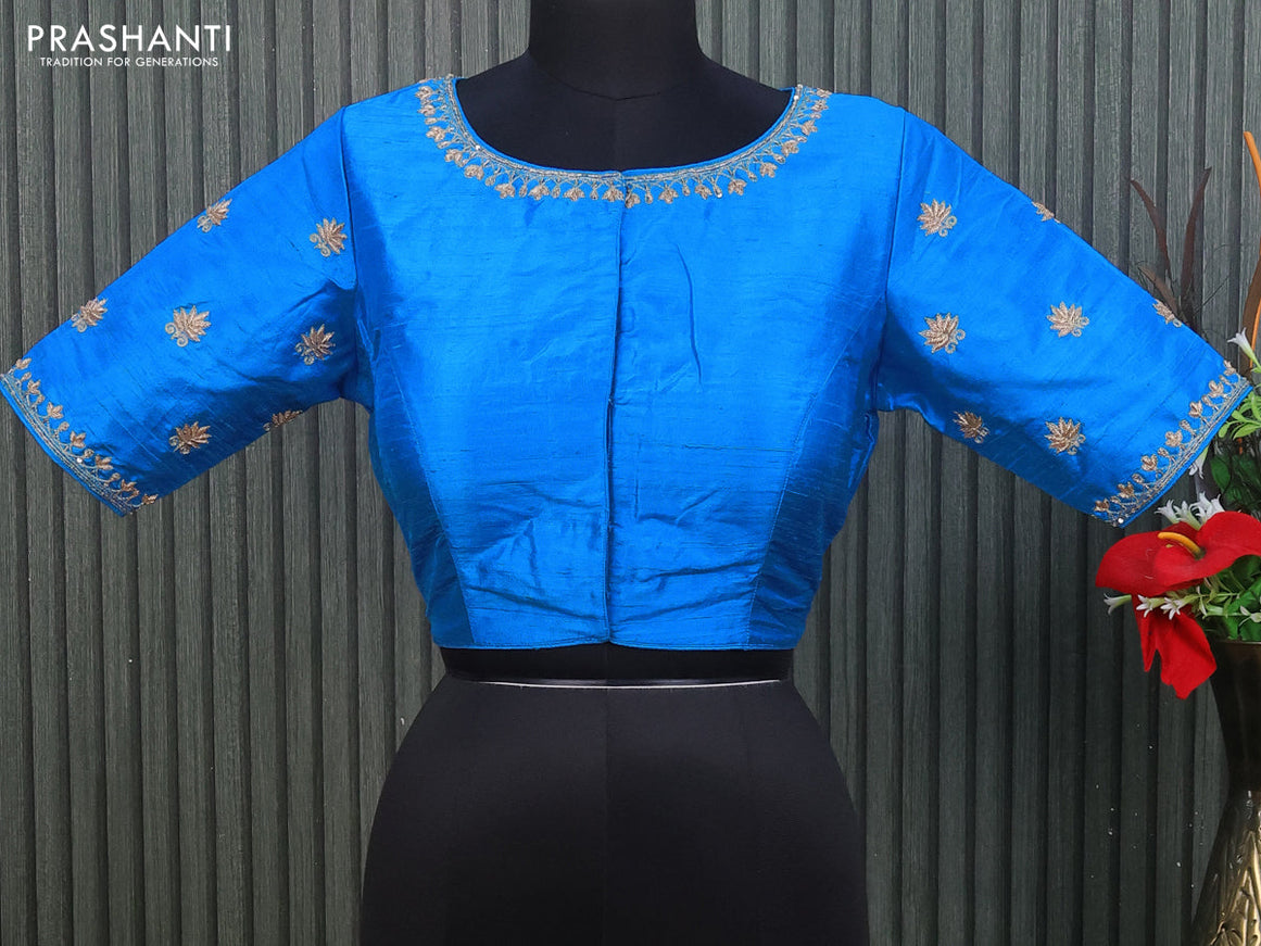 Raw silk readymade blouse cs blue with allover zardosi work