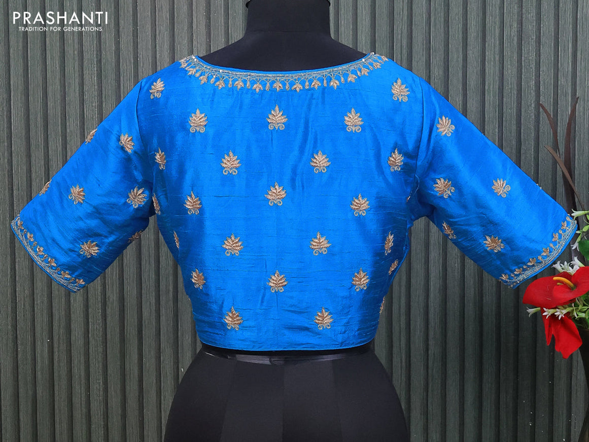 Raw silk readymade blouse cs blue with allover zardosi work