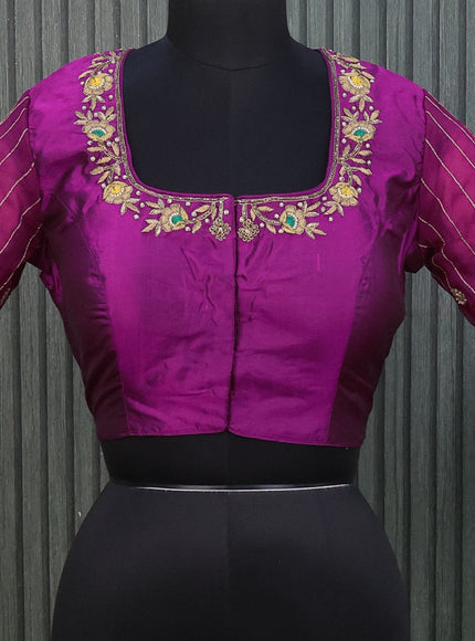 Silk readymade blouse magenta pink with allover zardosi work