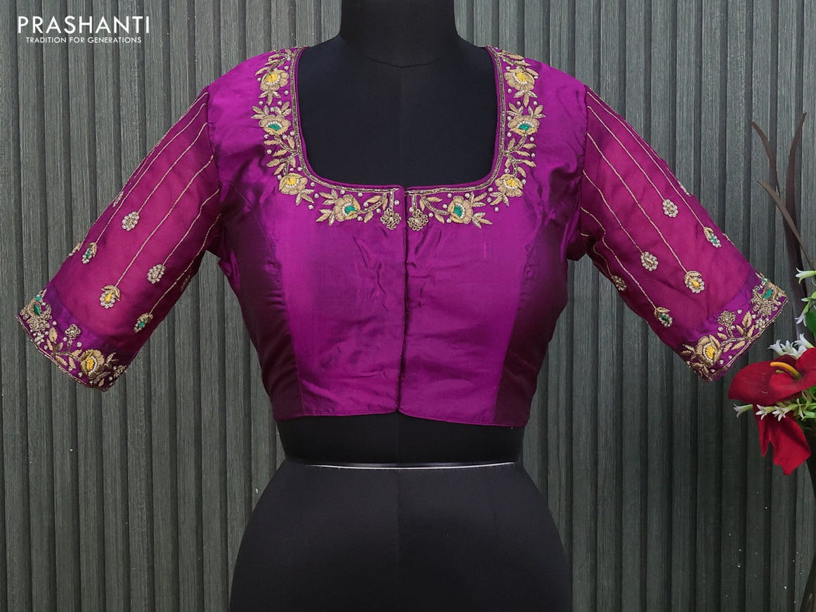 Silk readymade blouse magenta pink with allover zardosi work