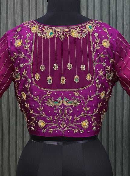 Silk readymade blouse magenta pink with allover zardosi work