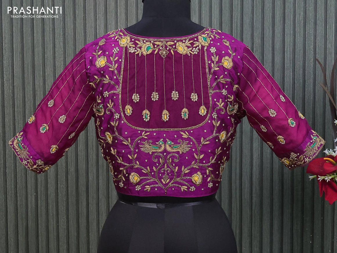 Silk readymade blouse magenta pink with allover zardosi work