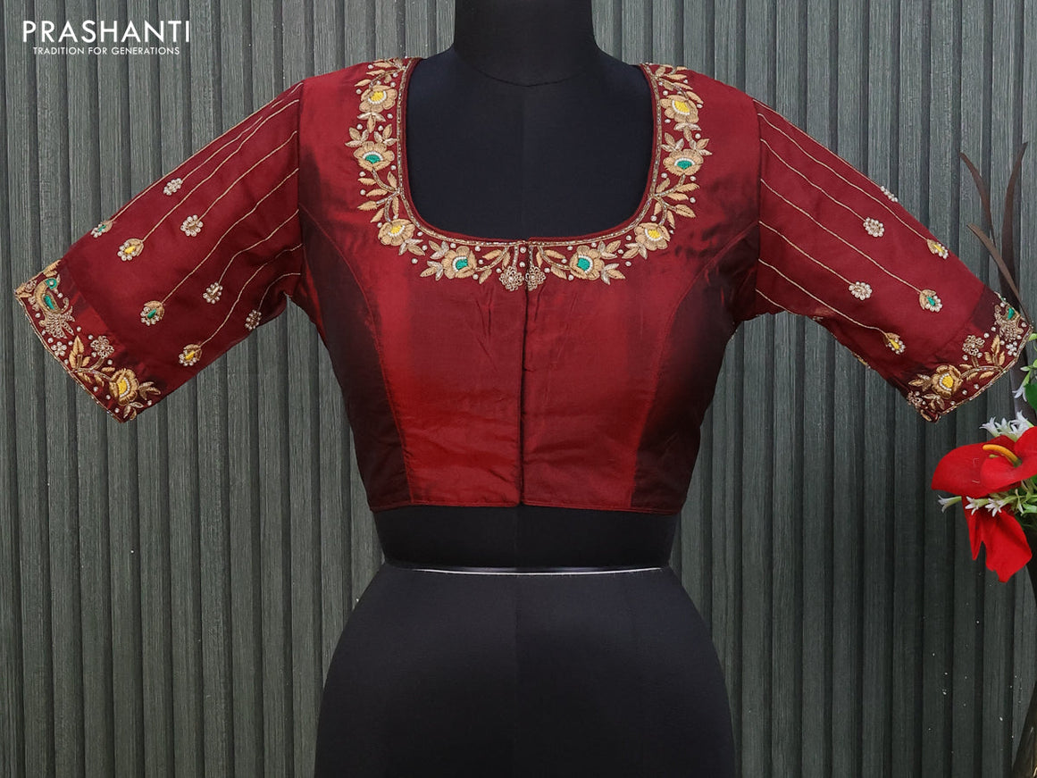 Silk readymade blouse maroon with allover zardosi work