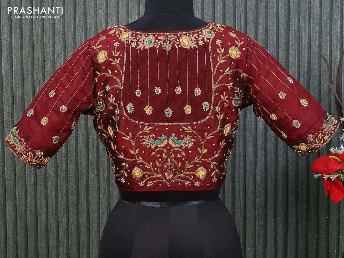 Silk readymade blouse maroon with allover zardosi work