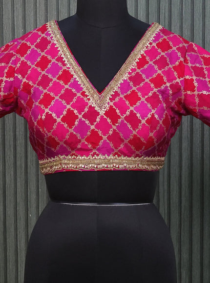 Banarasi silk readymade blouse pink and red with allover zari brocade weaves & embroidery work and back knot & v neck pattern