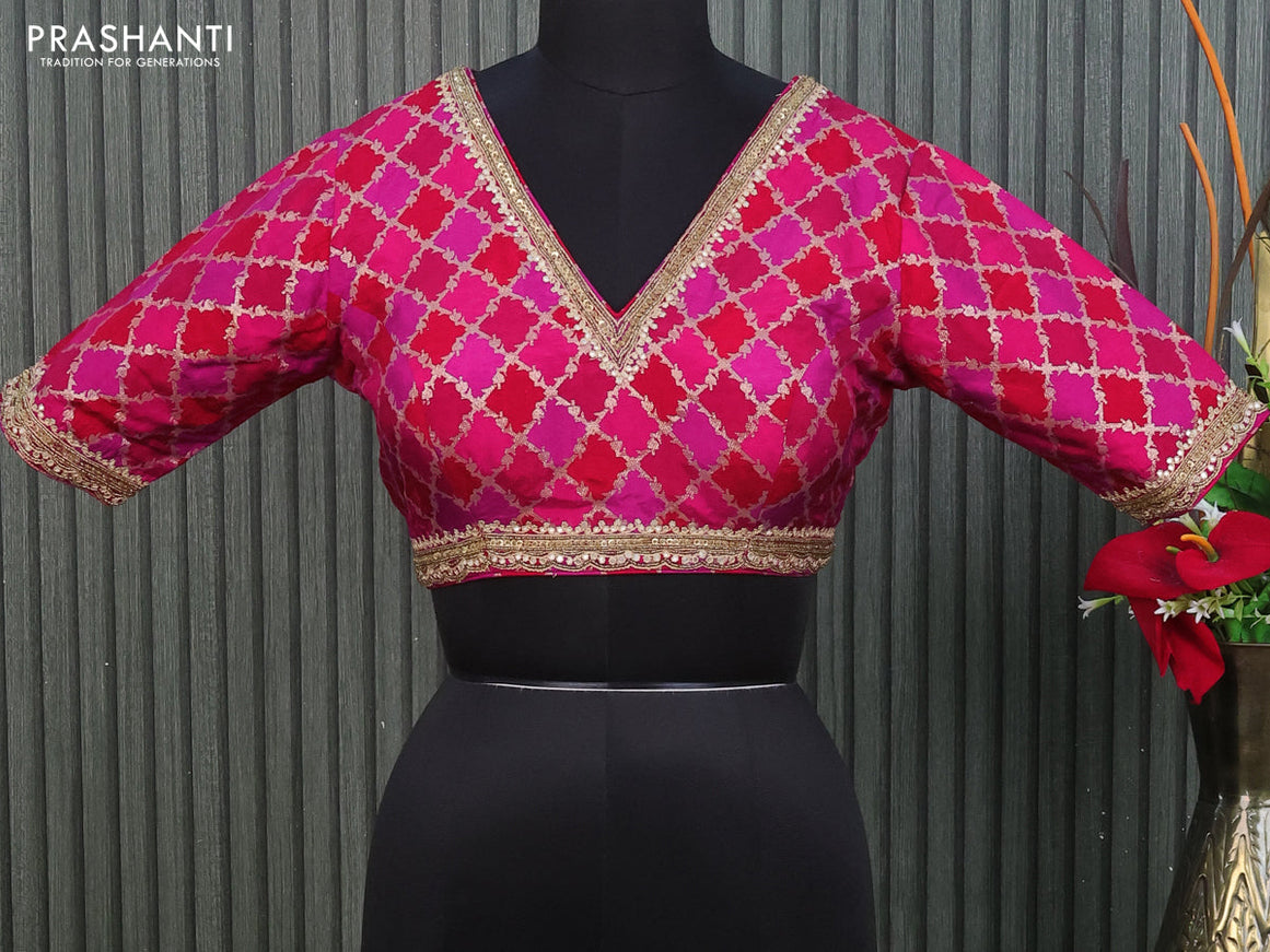 Banarasi silk readymade blouse pink and red with allover zari brocade weaves & embroidery work and back knot & v neck pattern