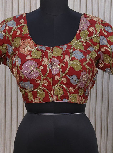 Silk pen kalamkari readymade blouse maroon with allover kalamkari prints & pita work and back knot