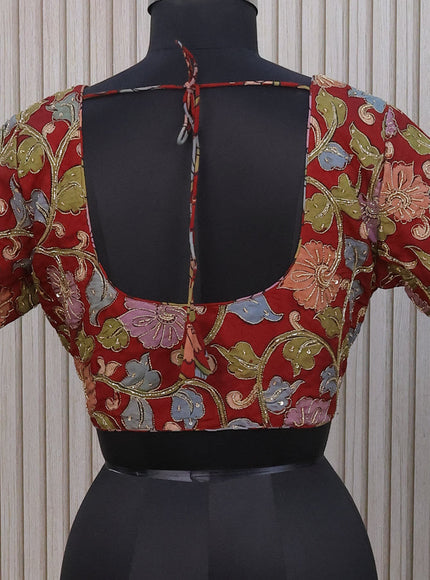 Silk pen kalamkari readymade blouse maroon with allover kalamkari prints & pita work and back knot