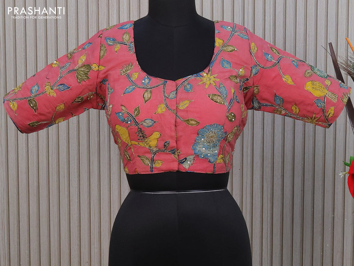 Silk pen kalamkari readymade blouse peach pink with allover kalamkari prints & pita work and back knot