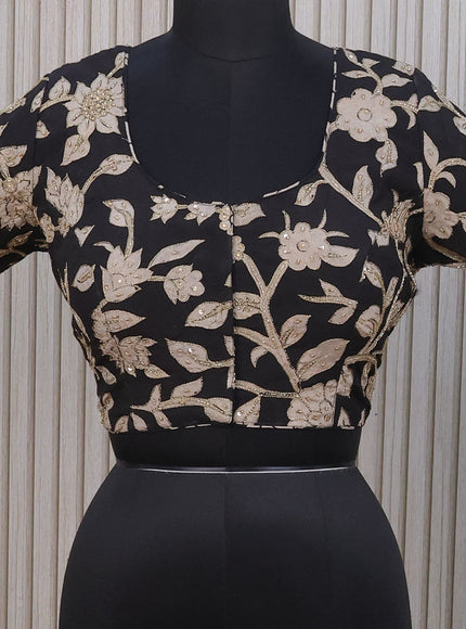 Silk pen kalamkari readymade blouse black with allover kalamkari prints & pita work and back knot