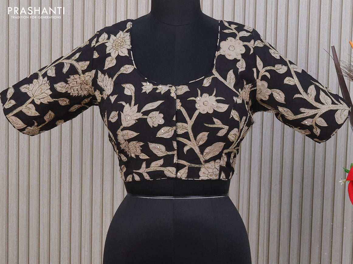 Silk pen kalamkari readymade blouse black with allover kalamkari prints & pita work and back knot