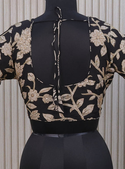 Silk pen kalamkari readymade blouse black with allover kalamkari prints & pita work and back knot