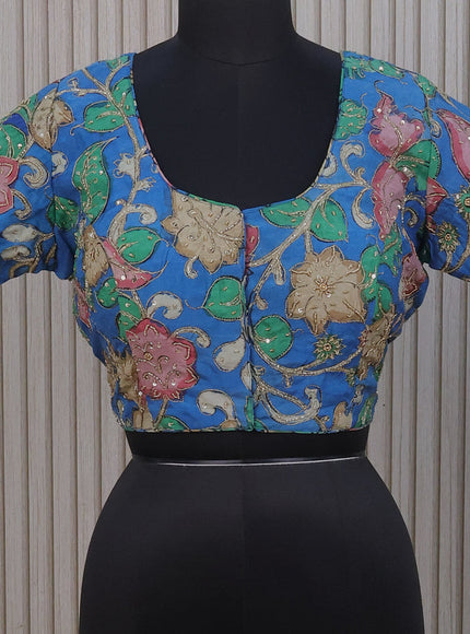 Silk pen kalamkari readymade blouse blue with allover kalamkari prints & pita work and back knot