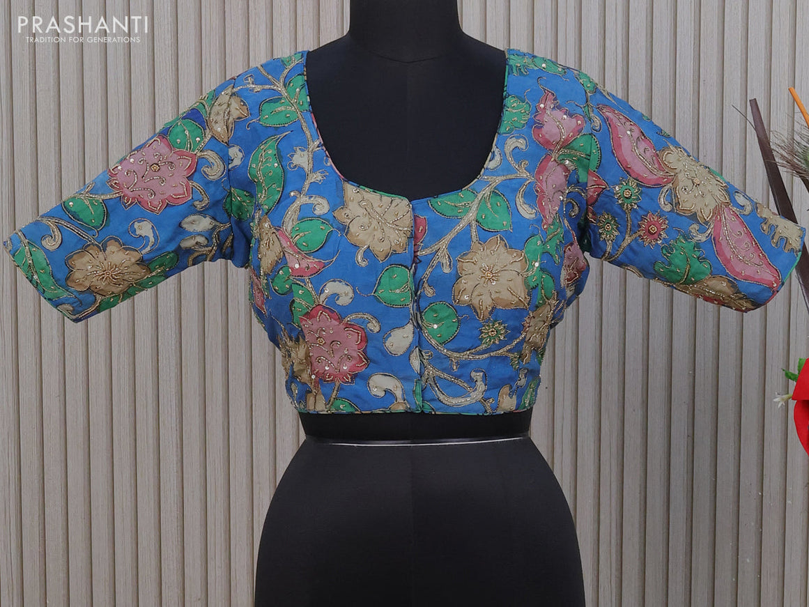 Silk pen kalamkari readymade blouse blue with allover kalamkari prints & pita work and back knot