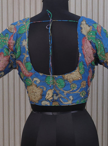 Silk pen kalamkari readymade blouse blue with allover kalamkari prints & pita work and back knot