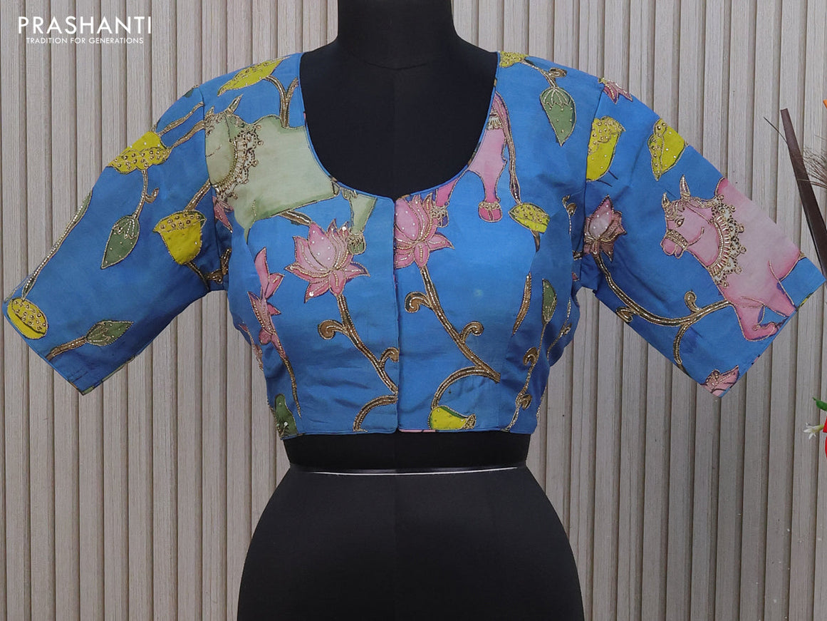 Silk pen kalamkari readymade blouse blue with allover pichiwai prints & pita work