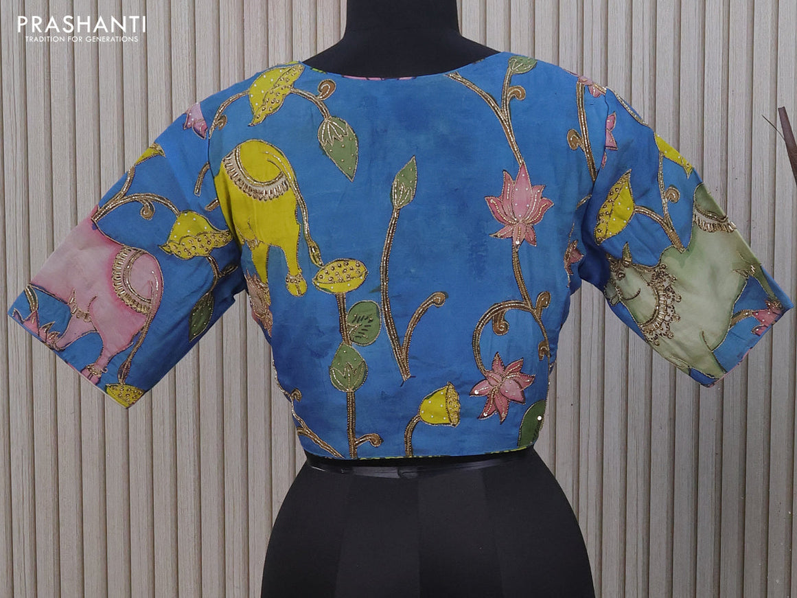 Silk pen kalamkari readymade blouse blue with allover pichiwai prints & pita work