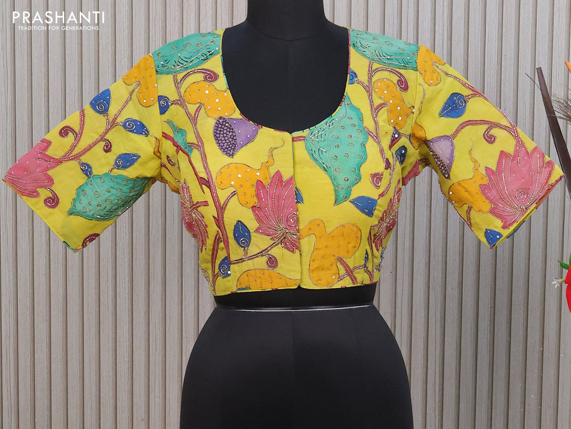 Silk pen kalamkari readymade blouse lime yellow with allover kalamkari prints & pita work