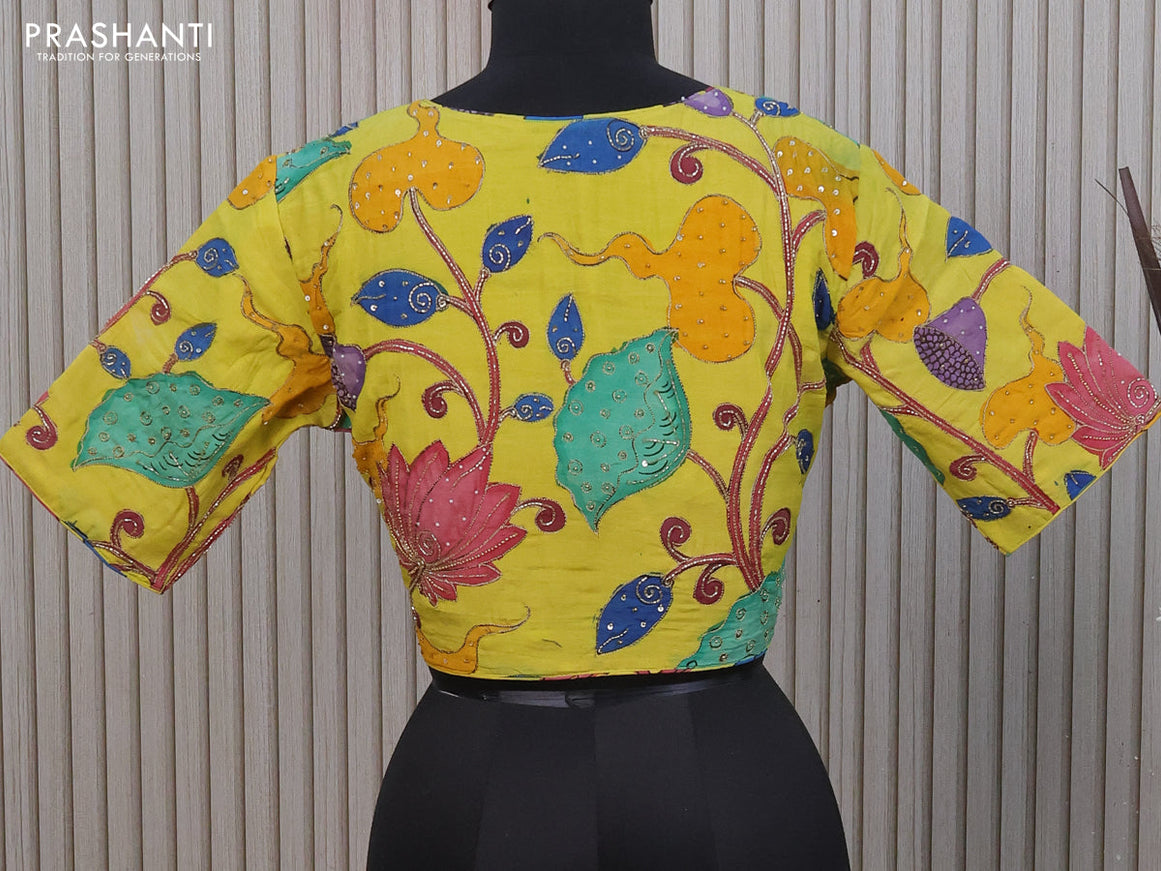 Silk pen kalamkari readymade blouse lime yellow with allover kalamkari prints & pita work