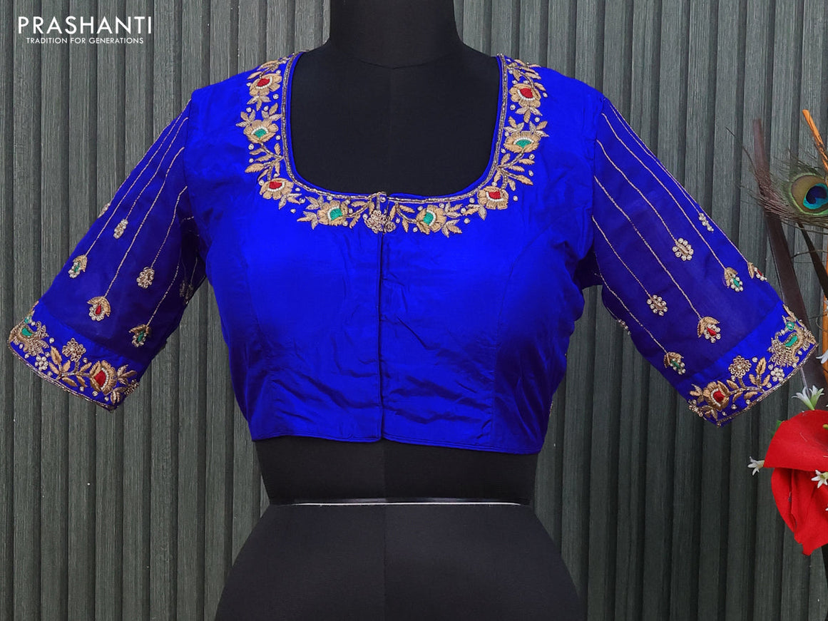 Silk readymade blouse royal blue with allover zardosi work