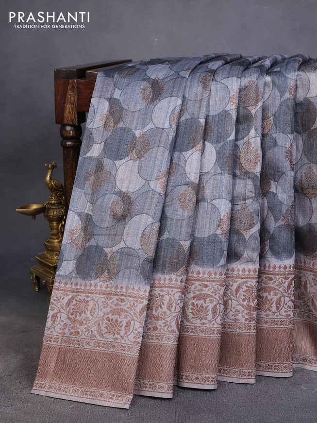 Semi banarasi tussar saree grey with geometric prints & woven buttas and woven border