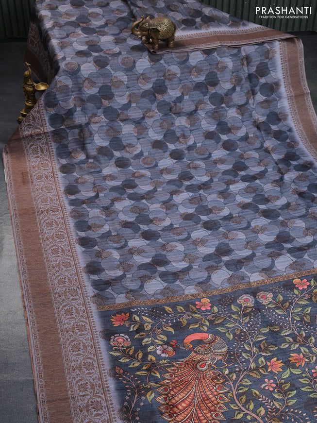 Semi banarasi tussar saree grey with geometric prints & woven buttas and woven border