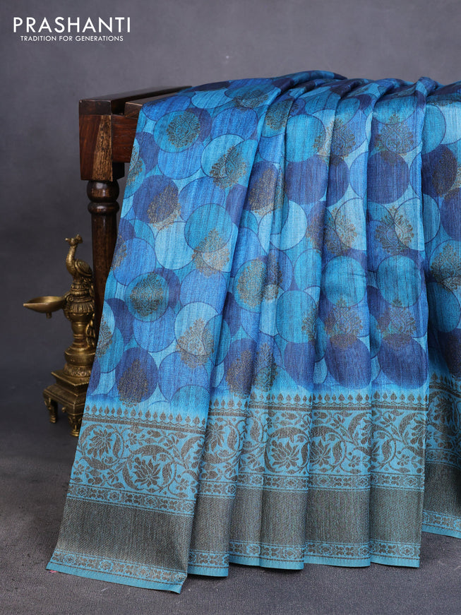 Semi banarasi tussar saree cs blue with geometric prints & woven buttas and woven border