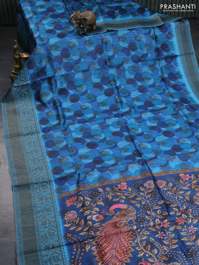 Semi banarasi tussar saree cs blue with geometric prints & woven buttas and woven border