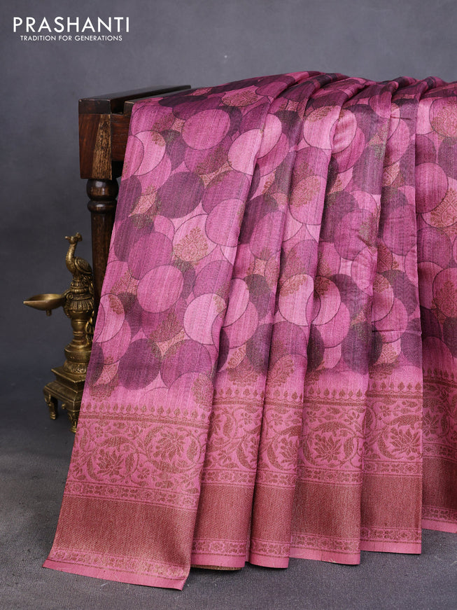 Semi banarasi tussar saree mauve pink and wine shade with geometric prints & woven buttas and woven border