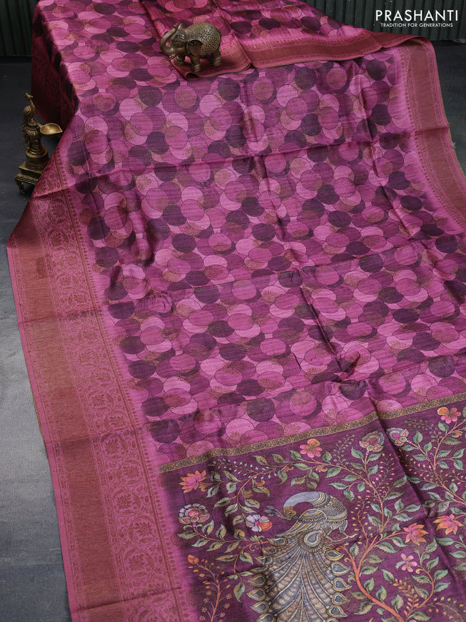 Semi banarasi tussar saree mauve pink and wine shade with geometric prints & woven buttas and woven border